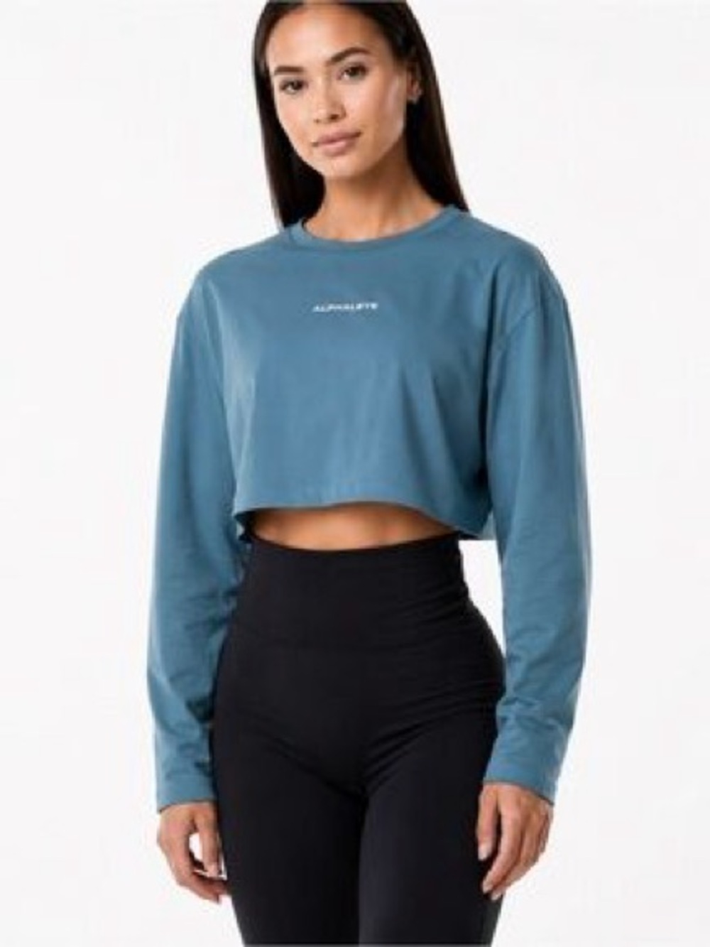 Alphalete Cropped Long-Sleeve Crewneck Top in Dusty Blue
